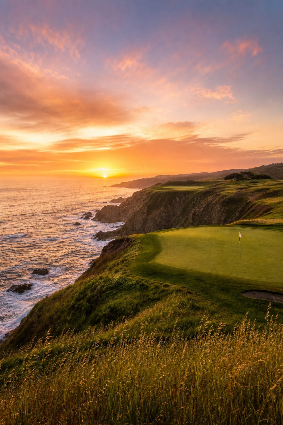 Clifftop coastal links golf hole above the ocean at golden hour